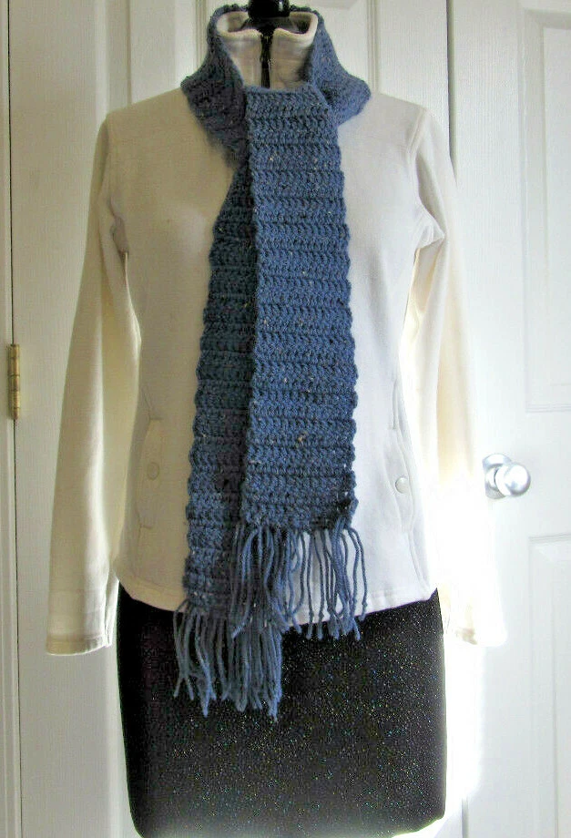 WOOL Blue Scarf 74x4 Long Narrow Handmade Crochet Hand Knit Made in the USA NEW