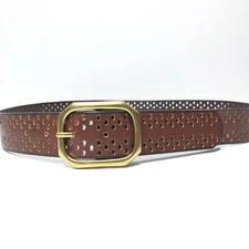 Women's Belt Brown Medium Casual Jeans Dress Laser Cut Perforated Gold Buckle