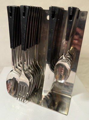 ABERT NICROSIL hanging flatware set black stainless mid century Italy Italian