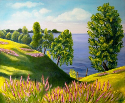 River Landscape Oil Painting Riverside Original Art On Canvas Thees By Water 