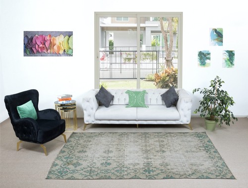 6.3x9.4 Ft Faded Vintage Handmade Anatolian Oushak Area Rug in Beige & Green - Picture 2 of 5
