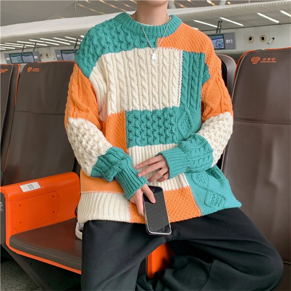 Men Loose Sweaters Pullover Baggy Plaid Sweater Casual Thermal Knitted Tops  | eBay