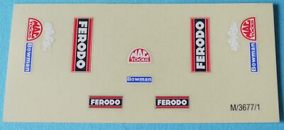 M3677/1 Scalextric Stickerbogen Aufkleber Einsitzer FERODO Bowman MAC TOOLS ×4