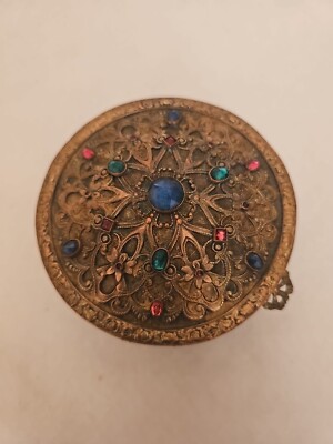 Antique E & J B Empire Art Gold Jeweled Vanity Box Ornate Brass
