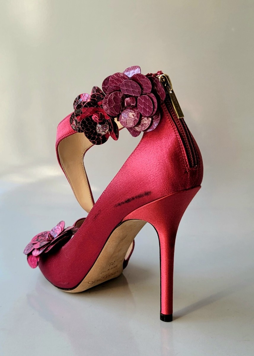 JIMMY CHOO pink red satin US 8 39 open-toe flower stiletto JIMMY CHOO pink red satin US 8 39 open-toe flower stiletto