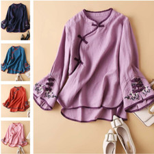 Women Ethnic Tops Blouse Retro Shirts Chinese Tang Suit Embroidery T-shirts