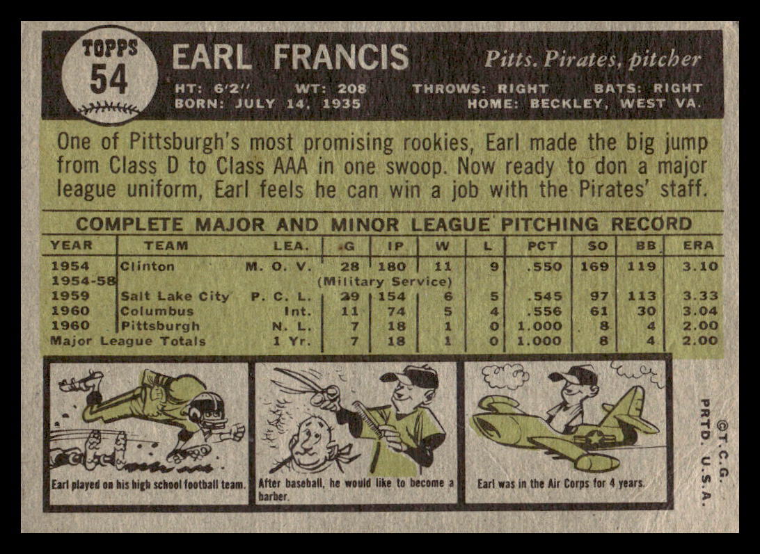1961 Topps Earl Francis #54 Pittsburgh Pirates Baseball Card | eBay