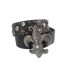 Fleur De Lis Belt Women's S Black Embellished Rhinestones Studded Glam Rock