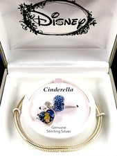 NIB DISNEY STERLING SILVER CINDERELLA BLUE RHINESTONE BEAD HEART CHARM BRACELET