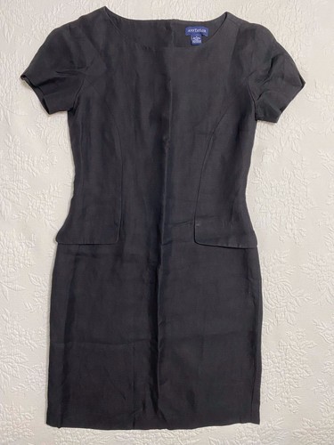 Ann Taylor Dress Linen Blend Crew Neck Sz 4 Black Short Sleeve Back Buttons#2235 - 第 1/8 張圖片