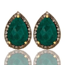 Emerald Pave Diamond 925 Sterling Silver Stud Earrings Gemstone Jewelry