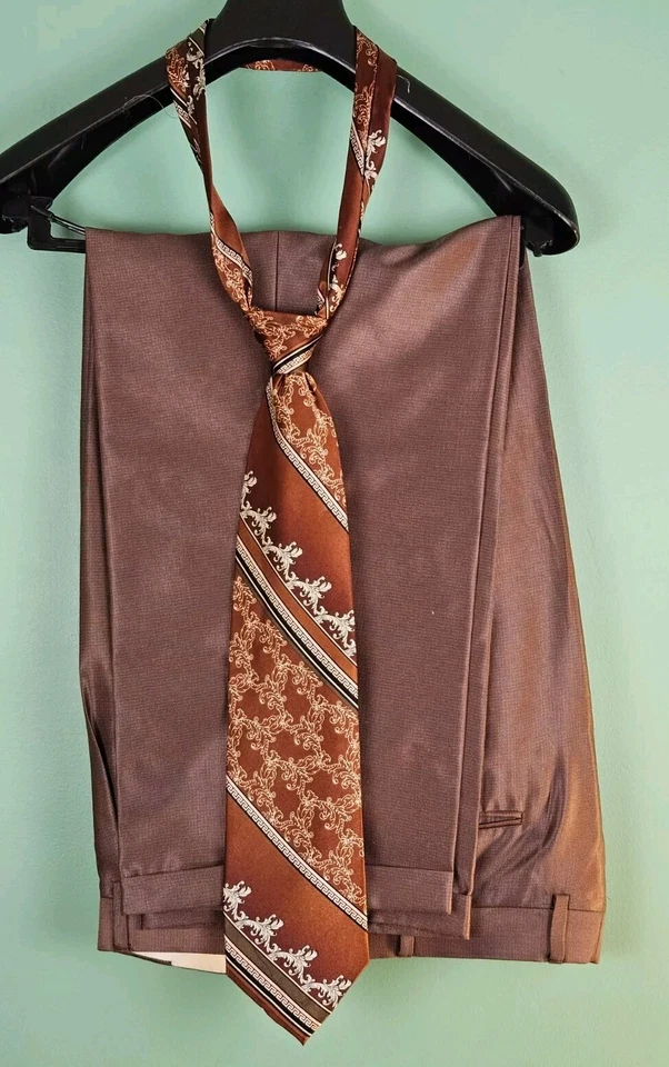 EJ Samuel Mens 42R 4 Piece Suit Brown Floral Modern Fit 36R Pants Tie Pocket - Image 4 of 4