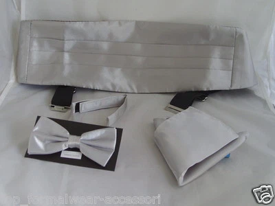 ESSENTIALS BY MANUEL <TOP> Shiny SILVER Bow Tie + Cummerbund & Hankie Set>Over 50 Colours in our SHOP
