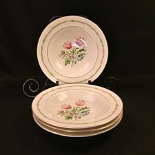 Theodore Haviland New York 4 Rimmed Soup Bowls 7.75" HP Garden Flowers 1945-1956