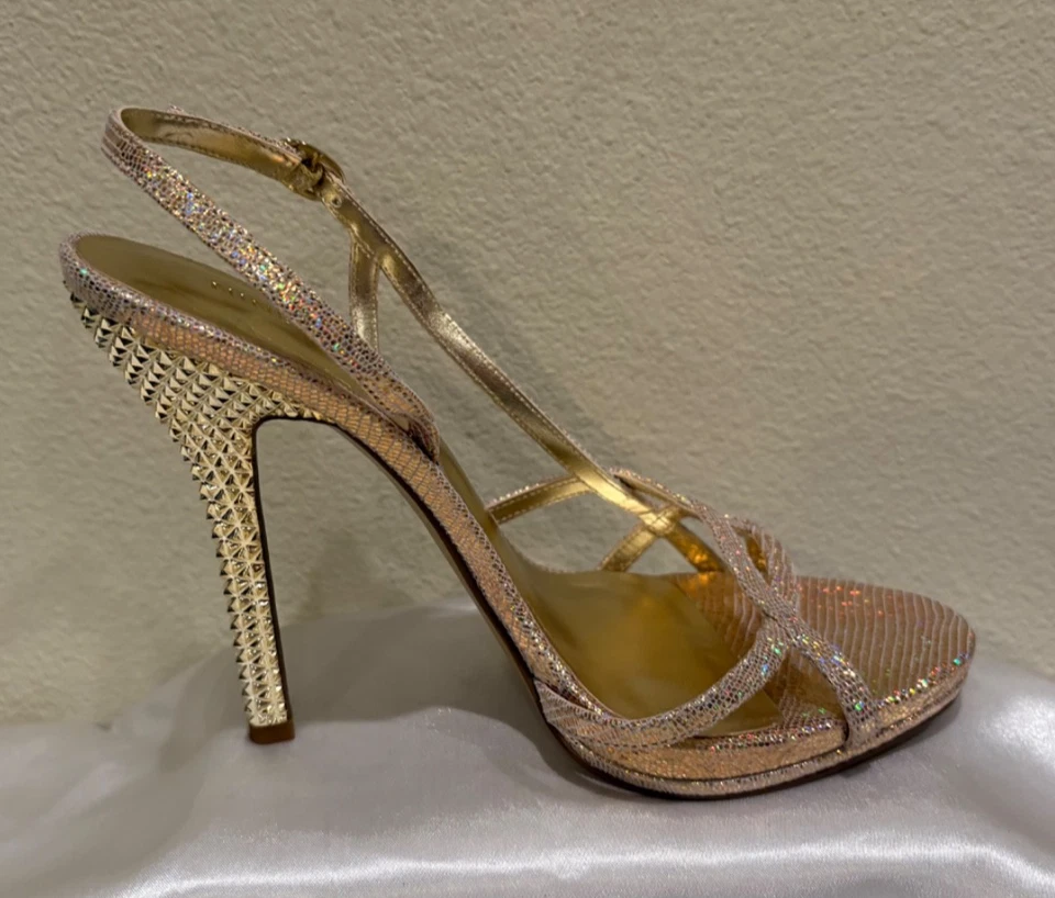 Nine West Mujer NUEVO TALLA 7 Dorado/Joya Tirantes Eslinga Trasera Correa Ajustable Tacón Foto 3 de 4