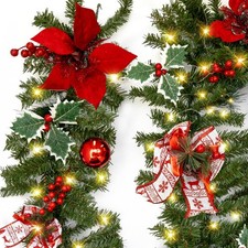 9 FT Pre-Lit Christmas Garland with String Light, Red Berries, Pinecones, Thr...