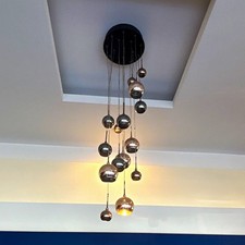 Silver & Black Globe Multi-Drop Pendant Chandelier Hardwired Warm White