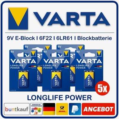 5x VARTA Longlife Power 9V E-Block Batterien 6F22 6LR61 (5 Stück)