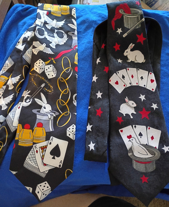 TWO FULL SIZE REGULAR NECKTIES THEMED FOR MAGICIANS 1st SILK. 2nd POLY.