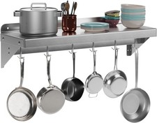 2 Pack Stainless Steel Wall Shelf Commercial Catering Kitchen Storage w/ 5 Hooks