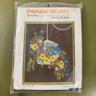 Vintage 1978 Paragon Georgia Ball Wicker Garden Crewel Embroidery Kit 16×20 NOS