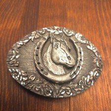 Vintage 1993 EGE Pewter Horse Horseshoe Belt Buckle Western USA 3.5"
