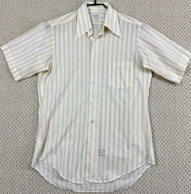Desmonds CA Sheer Shirt Mens 15 White Gold Geometric Design S/S Button 60s 70s