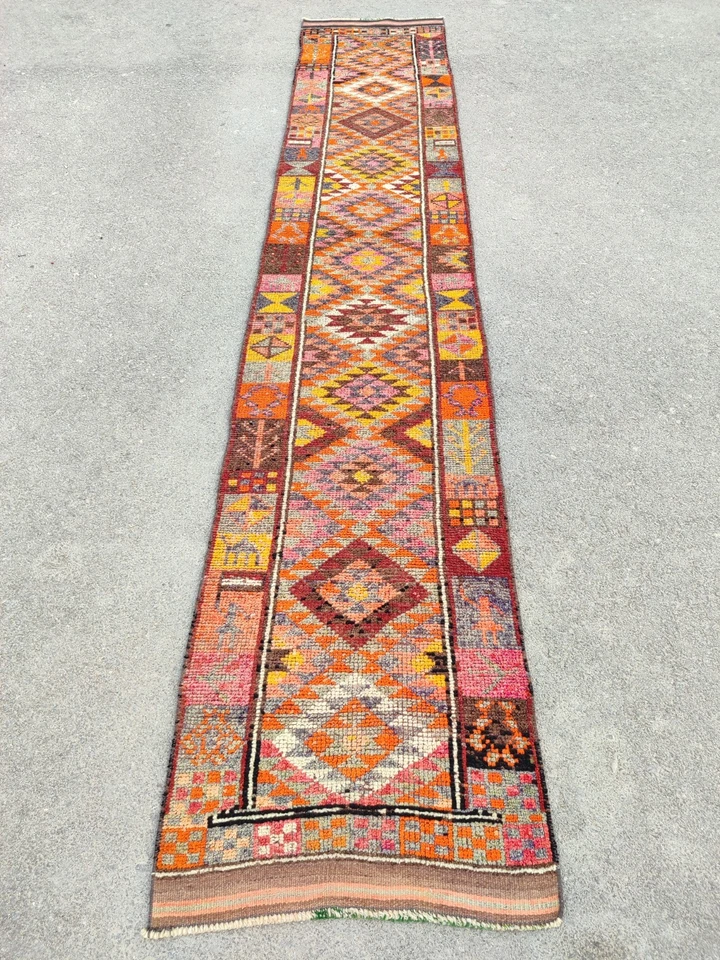 Alfombra antigua 3x14 pies colorida, corredor turco 3x14 vintage, alfombra Heriz, alfombra Herki Foto 2 de 4