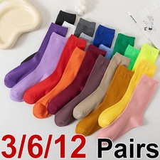 3/6/12 Pairs Women Knitted Cotton Mid Tube Socks Fashion Candy Solid Color C