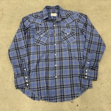 Vintage H Bar C Pearl Snap Western Shirt Mens 16 35 Blue Plaid Flannel Cowboy