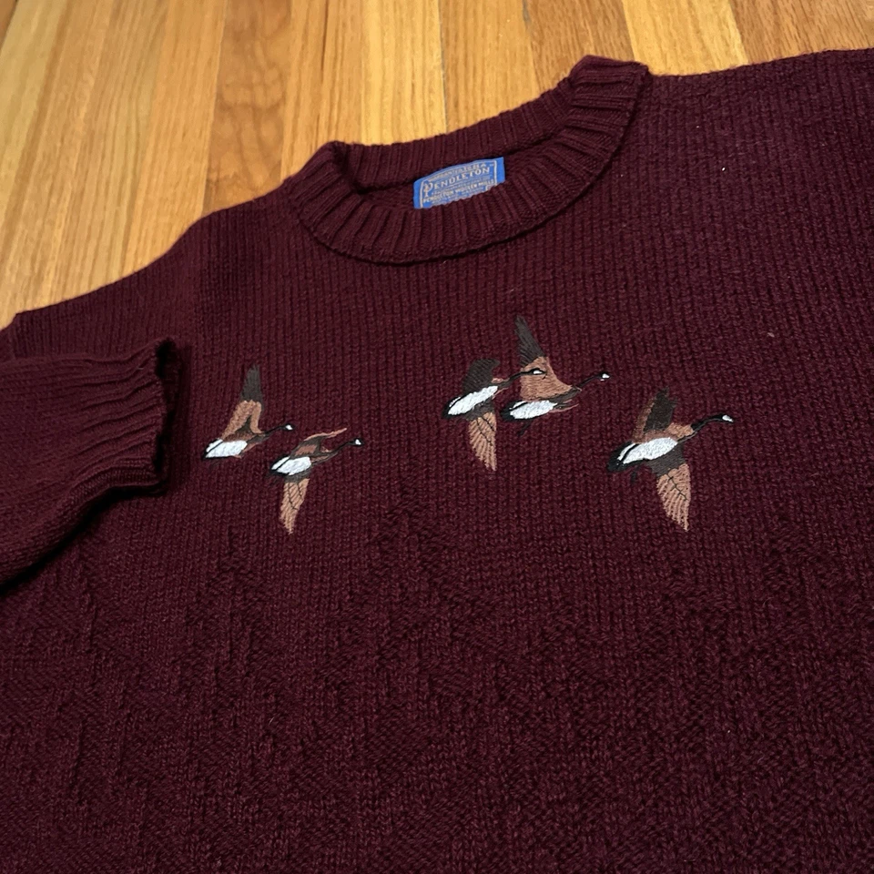 Vintage Pendleton Canadian Geese Embroidered Wool Sweater Maroon USA Made Sz XL - Image 2 of 4