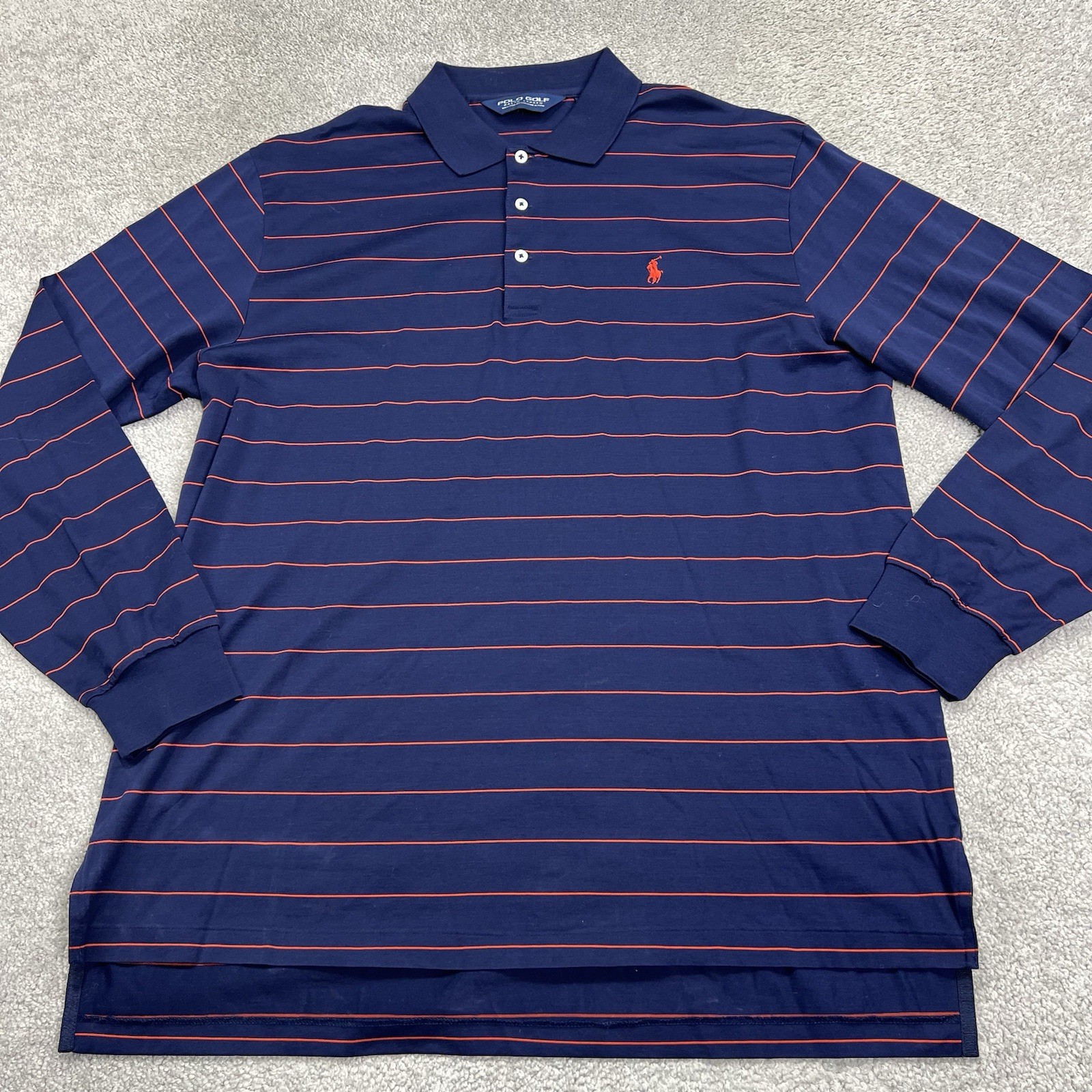 Polo Ralph Lauren Camicia Uomo Grande Blu Arancione Righe Pima Manica Lunga Golf Pony