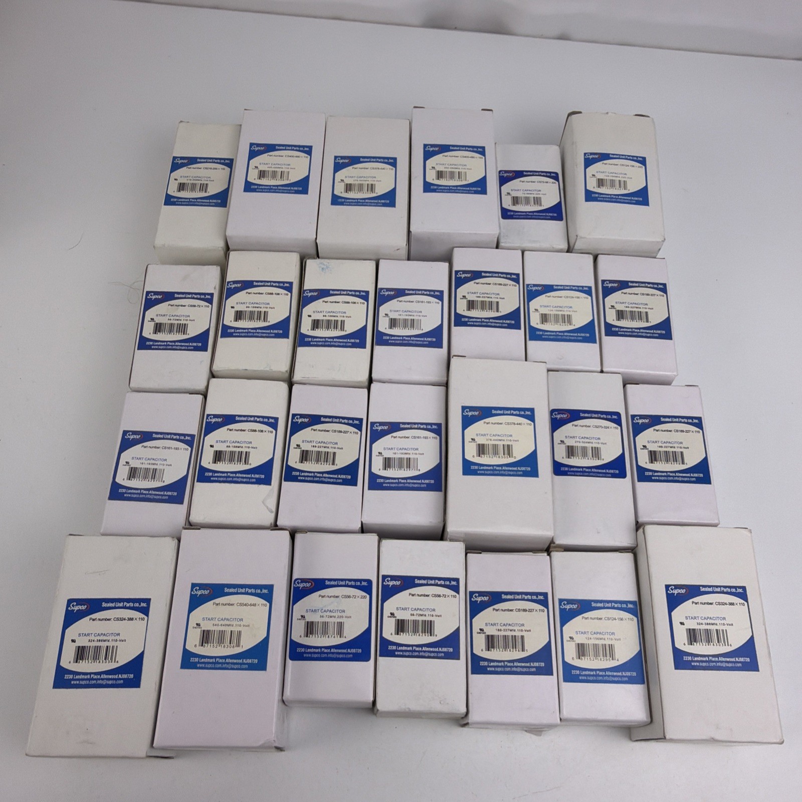 Lot of 27 NEW Supco Start Capacitors – Mixed MFD, 110/220VAC, HVAC