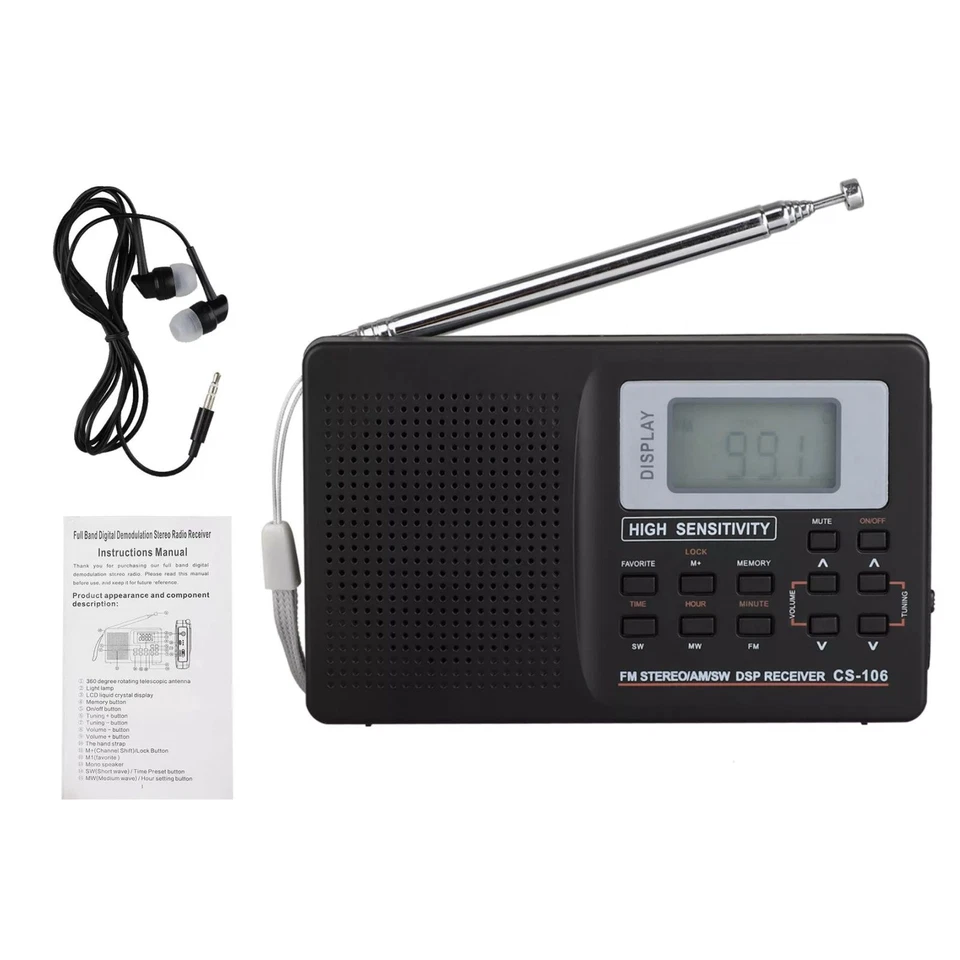 1Pc Black CS-106 Digital Radio LCD Display FM/AM/SW/MW Receiver w/ Earphone - Image 2 of 4