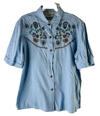 Vintage 80s Country Womens Small Paisley Floral Stitched Chambray Button Shirt