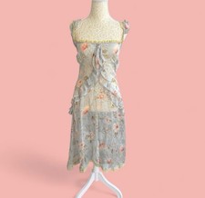 D&G 100% Silk Sheer Fairycore Ethereal Watercolour Florals Lace Slip Dress S