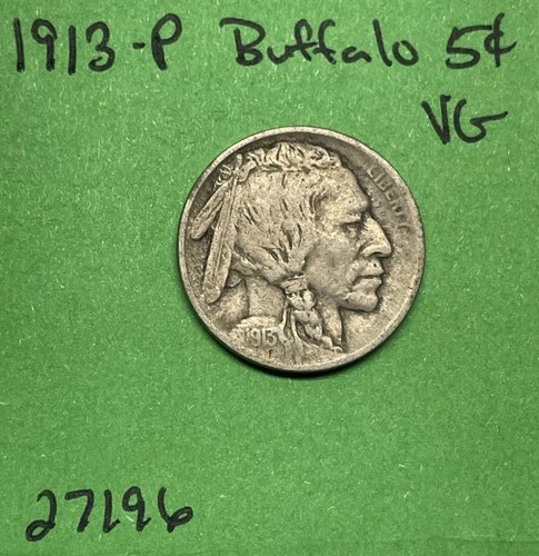 1913 P T1 Buffalo 🦬 Indian Head Nickel 5c Vg Very Good Type 1