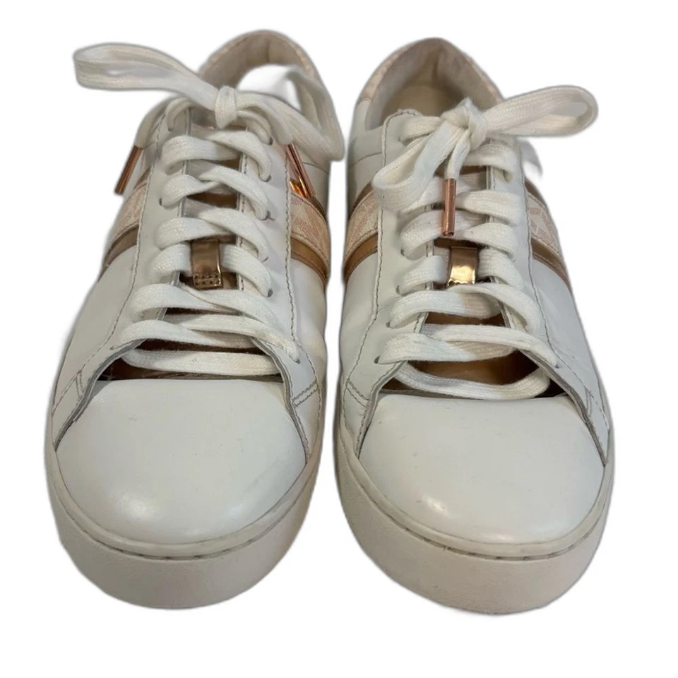 Michael Kors Irving Stripe Lace Up Logo Leather Sneakers White Pink Womens Sz 9 - Image 3 of 4