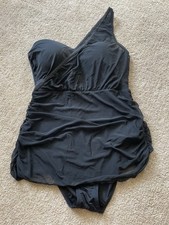 Jantzen Black One Piece Swimsuit One Shoulder, Ruching, Mesh overlay, Sz 12, Bra