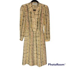 Vintage 70's Tan Secretary's Dress, Abstract Geometric Neutral Print, Day Dress