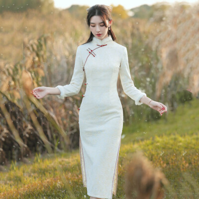 Beige Floral Lace Mid Cheongsam Qi Pao Dress - IMALLURE M / Beige