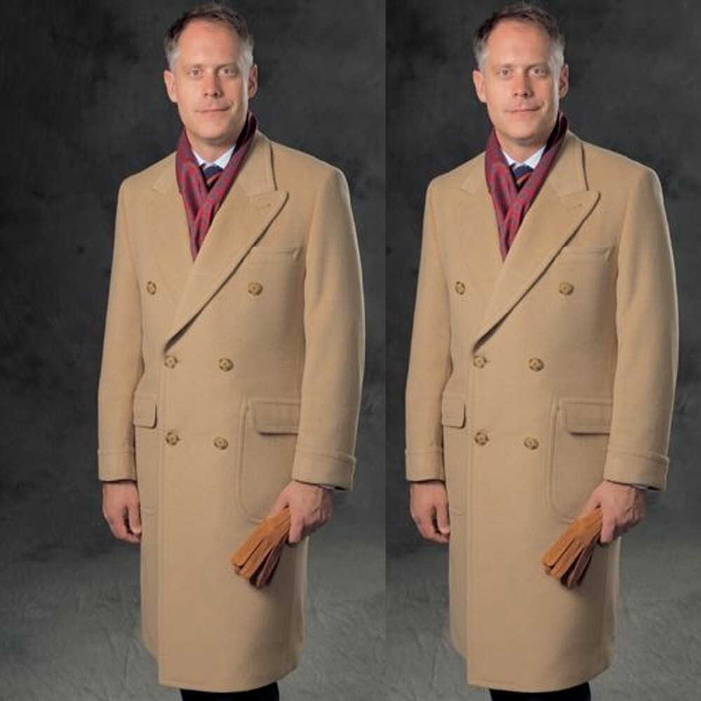 Formal Khaki Mens Long Overcoat Wide Peak Lapel Business British Style Jackets