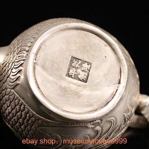 5.6" ancient China Chinese silver inlay gem Phoenix bird Wine Tea Pot Flagon - Picture 3 of 9