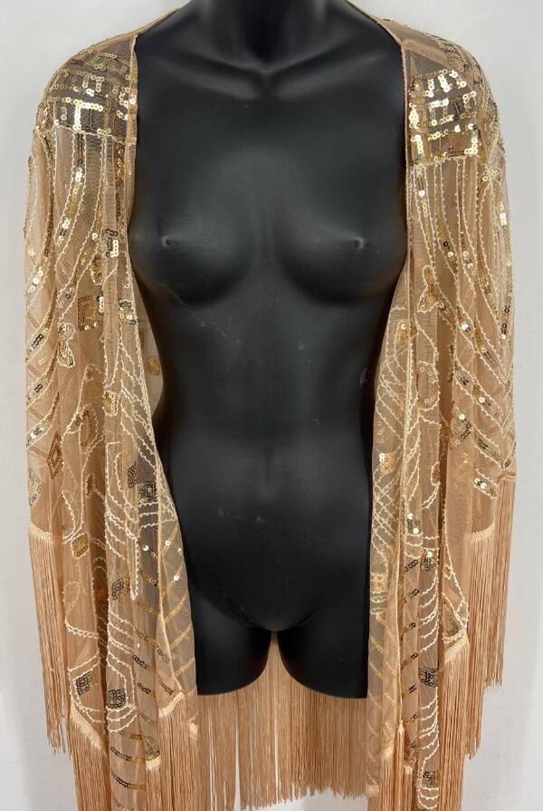 Babeyond Taupe Beige Flapper Tassel Kimono Shawl Beaded Sequin One Size NEW NWT