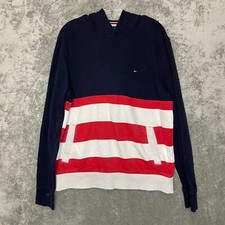 Tommy Hilfiger Men Classic Preppy Striped Logo Mixed Media Pullover Hoodie L