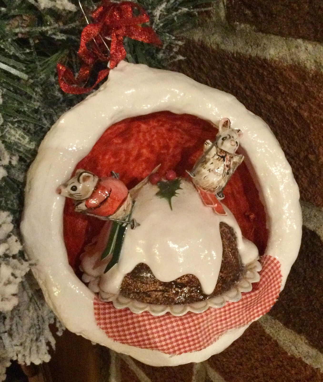 Vintage Jan Zimmer Paper Mache Mice Skiing on Plum Pudding Christmas