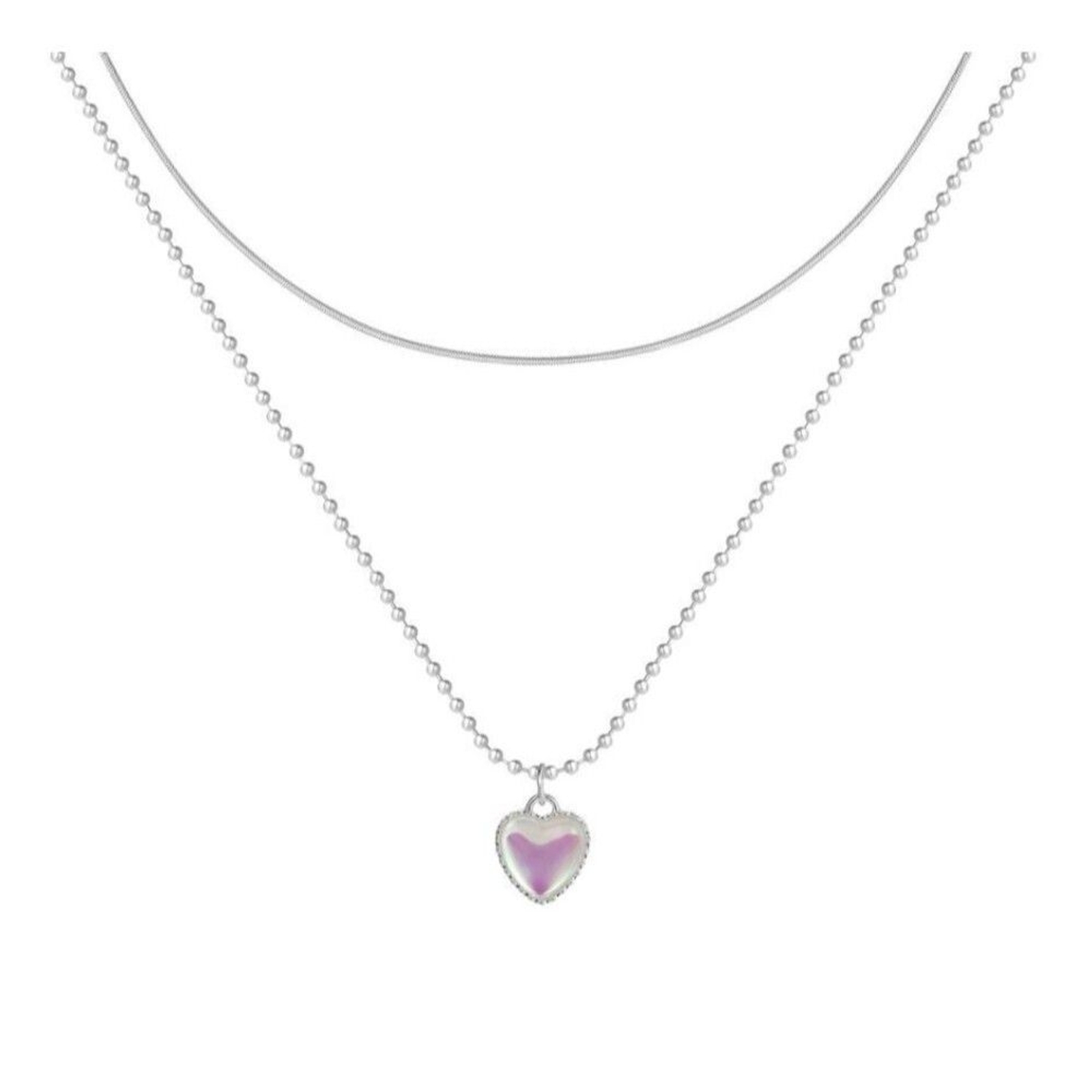 White Gold Tone Layered Necklace Heart Faux Moonstone