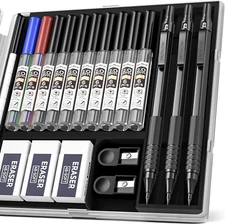 Nicpro Black Metal 2.0 Mechanical Pencil Set with Case, 3 PCS Drafting Lead Hold