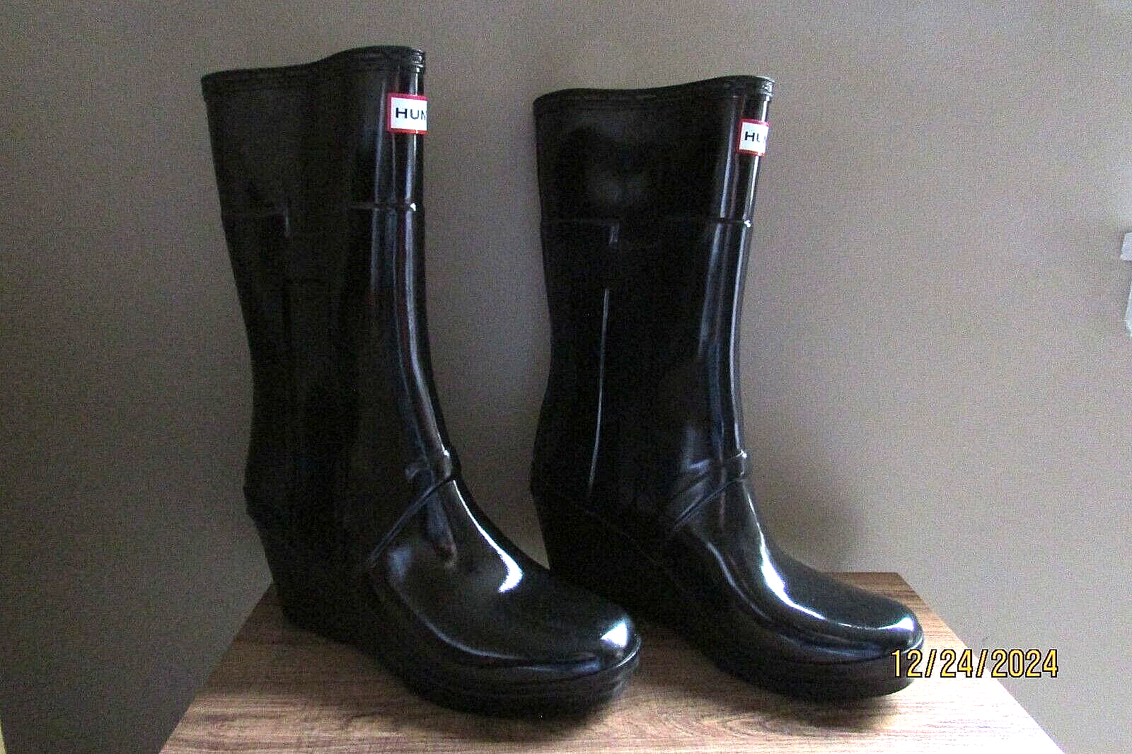 Hunter Kellan Negro Brillante Oculto Cuña Impermeable Media pantorrilla Lluvia Invierno Bota-Talla 8