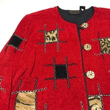 Julia Ku Jacket Cardigan Womens Size Petite Small Red Patched Outerwear Button